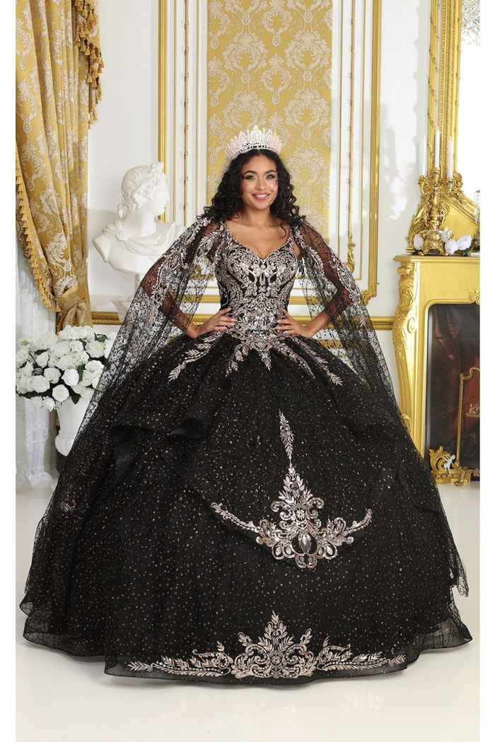 Layla K LK218 Detachable Cape Sleeves Glitter Corset Quinceanera Ball Gown