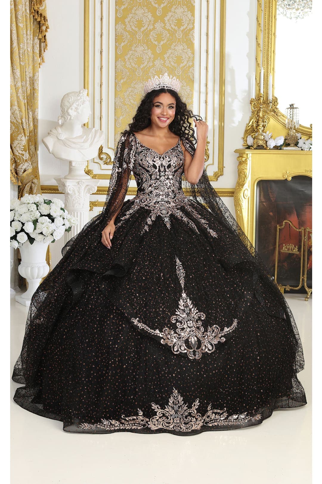 Layla K LK218 Detachable Cape Sleeves Glitter Corset Quinceanera Ball Gown