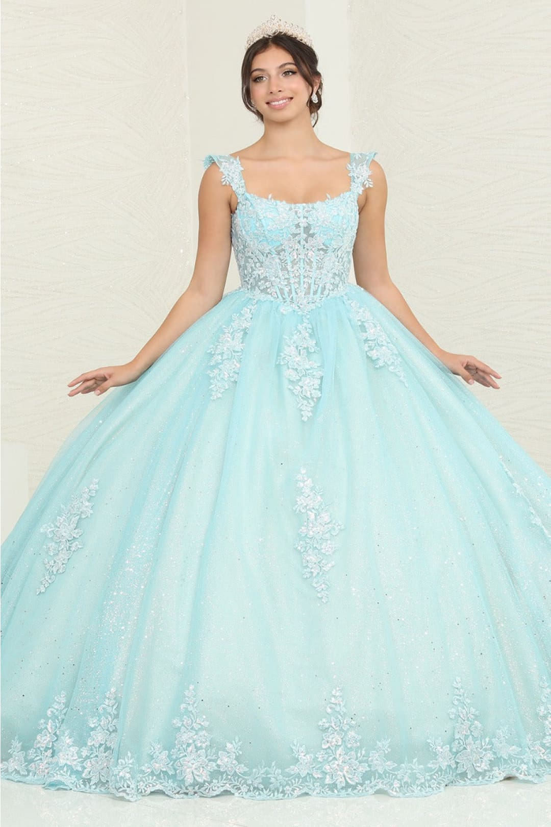 Layla K LK253 Floral Sheer Corset Glitter Tiffany/BlueNude Ball Gown