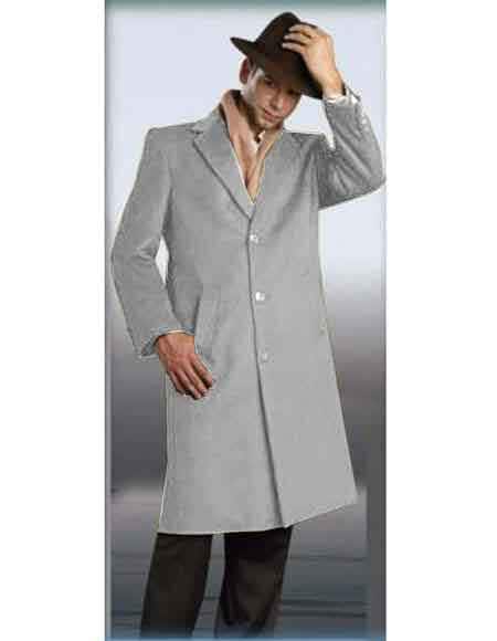 Light Grey  3 Button Full Length Long men's Dress Topcoat -  Winter coat