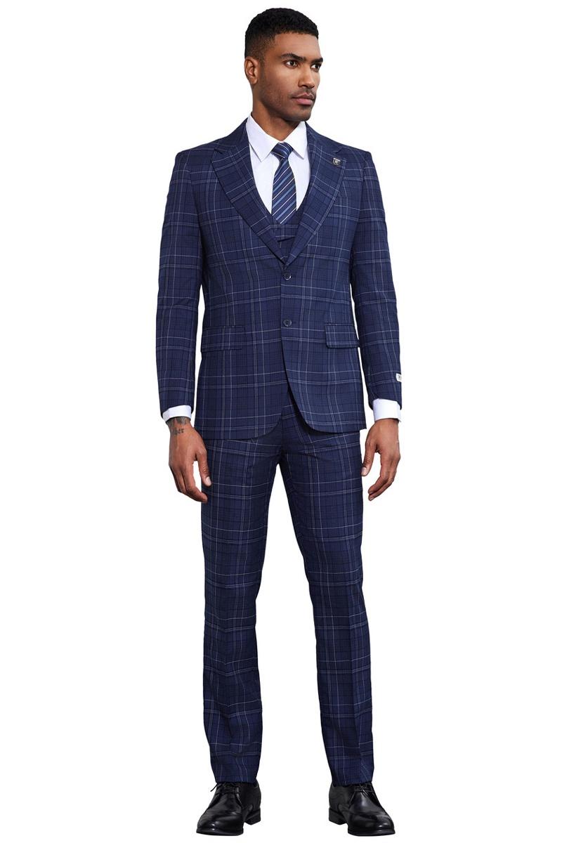 Stacy Adams Double Windowpane Plaid Suit (Navy)