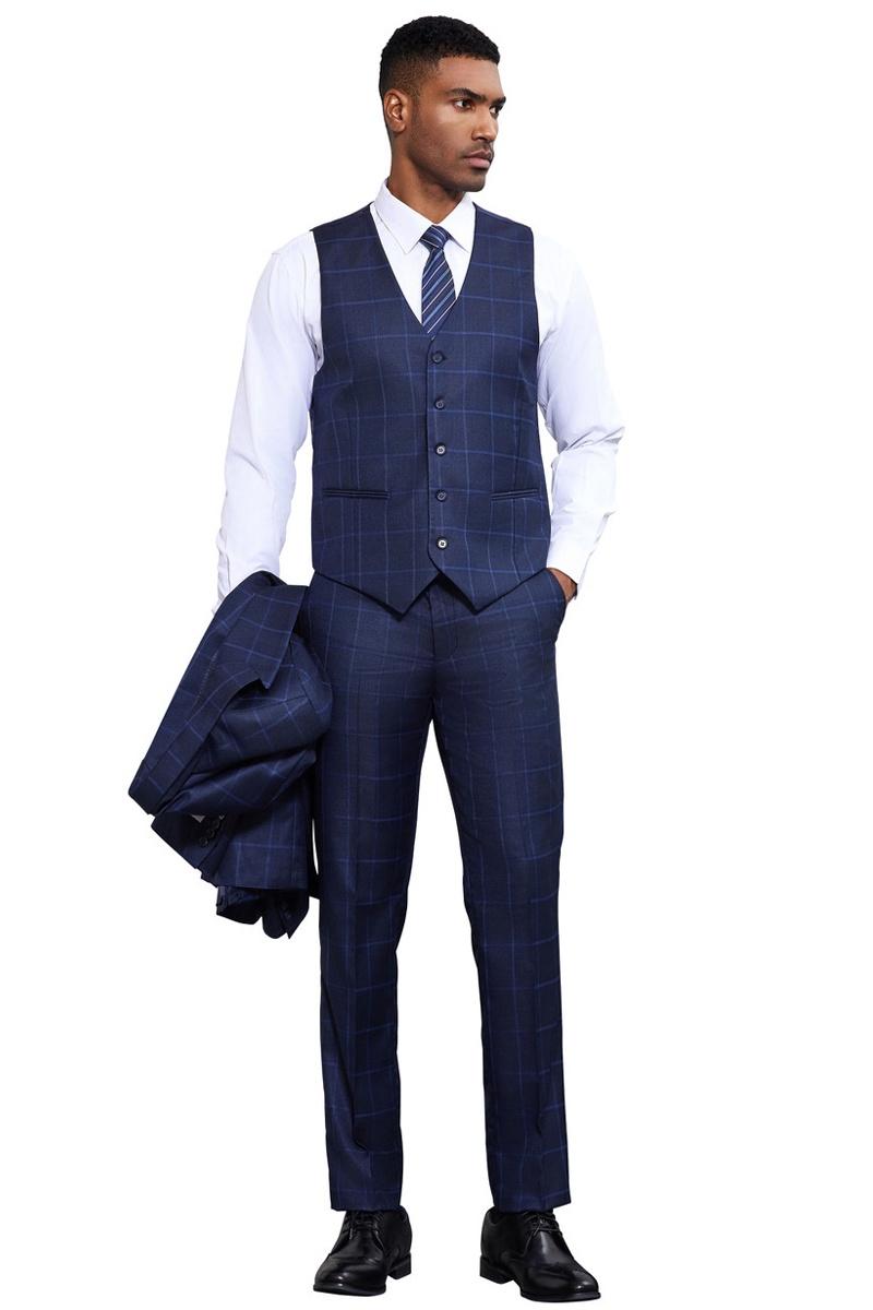 Stacy Adams Navy Windowpane Vested Suit for Men