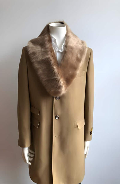 Designer Camel Wool Peacoat with Fur Collar