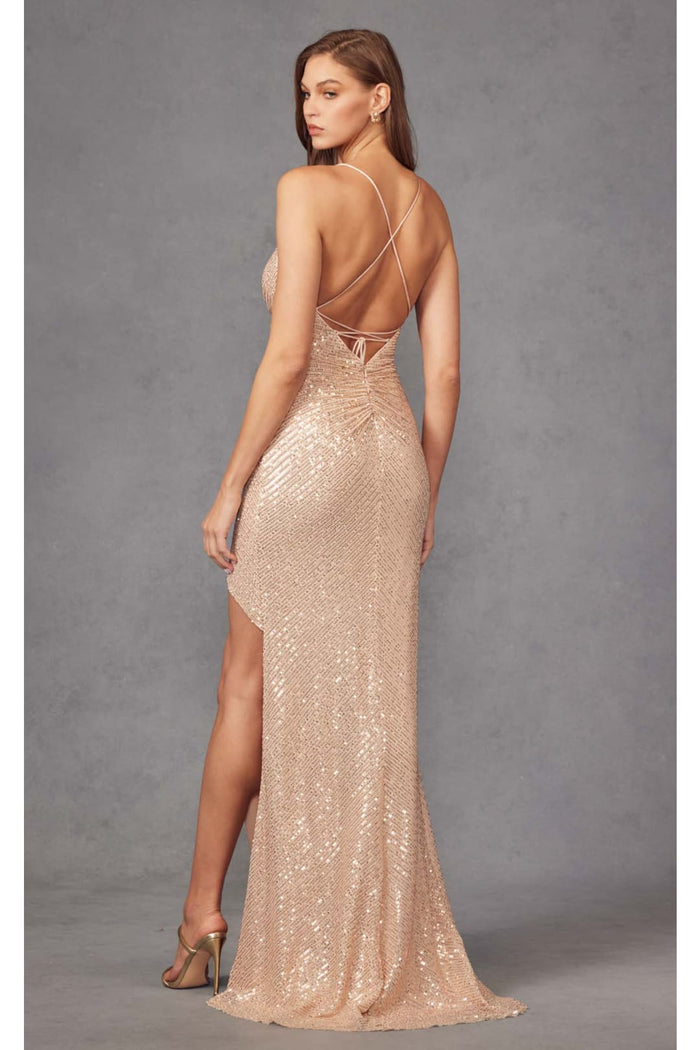 Long Sequin Gown with V-Neck and Slit by Juliet 273