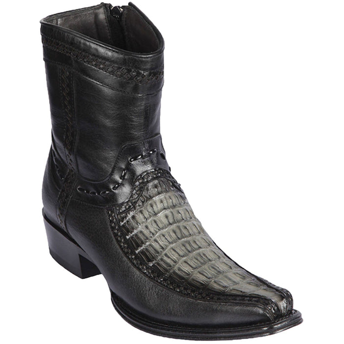 Men's Genuine Caiman Tail and Deer Skin European Square Toe Short Boots With Zipper Faded Gray Color - Los Altos Boots