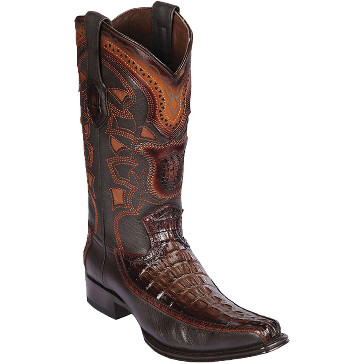 Men's genuine Caiman Tail And Deer Skin European Square Toe Boots Faded Brown Color
