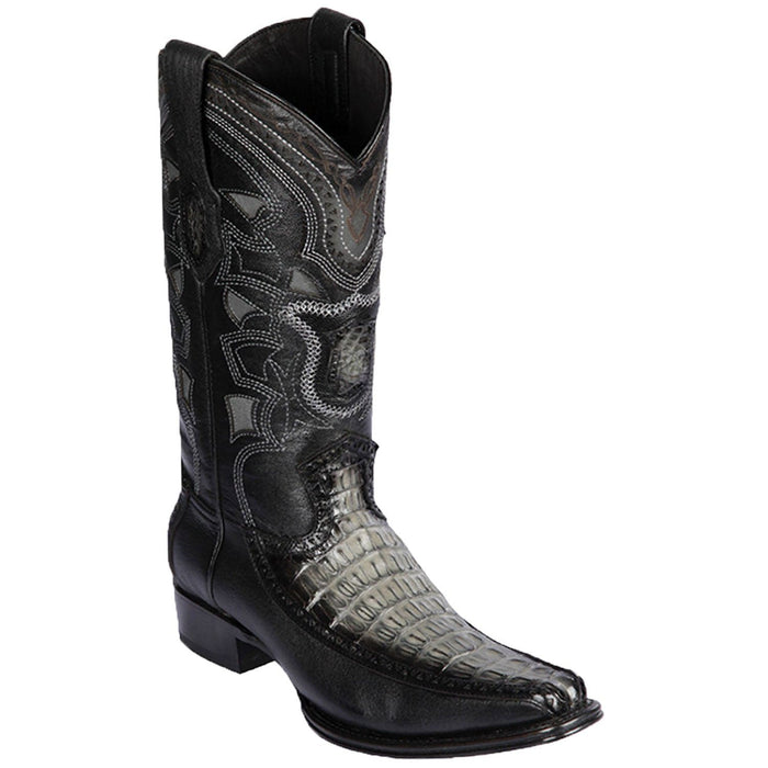 Men's Genuine Caiman Tail and Deer Skin European Square Toe Boots Faded Gray Color - Los Altos Boots - Side View