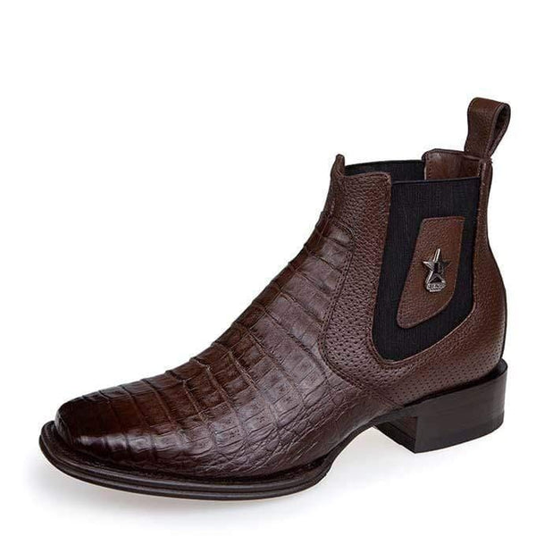 Men's genuine Caiman Tail Skin European Square Toe Short Boots With Zipper Black Color