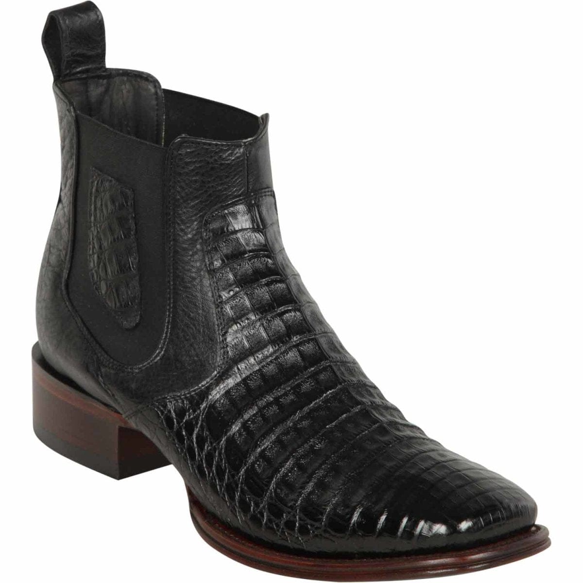 Men's genuine Caiman Tail Skin European Square Toe Short Boots With Zipper Black Cherry Color