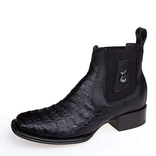 Men's genuine Caiman Tail Skin European Square Toe Short Boots With Zipper Black Cherry Color