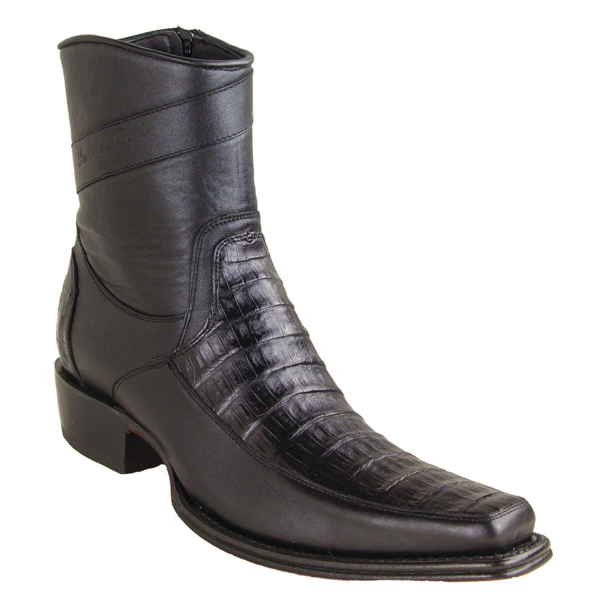 Men's Genuine Caiman Belly Skin and Leather European Square Toe Short Boots With Zipper Black Color - Los Altos Boots