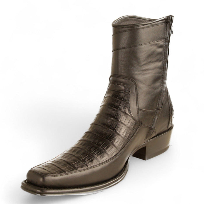 Men's Genuine Caiman Belly Skin and Leather European Square Toe Short Boots With Zipper Black Color - Los Altos Boots