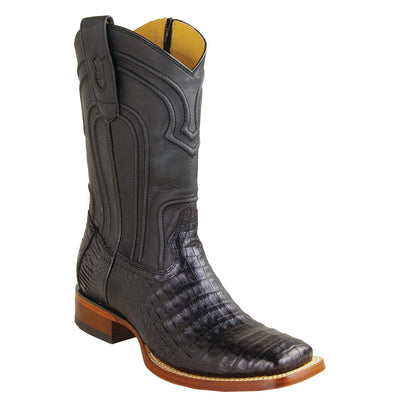 Men's Genuine Caiman Belly Skin Rodeo Wide Square Toe Boots With Zipper Black
