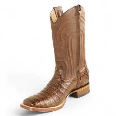 Men's genuine Caiman Tail And Deer Skin European Square Toe Boots Black Cherry Color