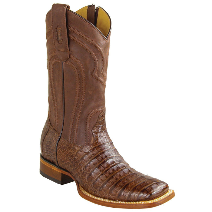 Men's genuine Caiman Tail And Deer Skin European Square Toe Boots Black Cherry Color