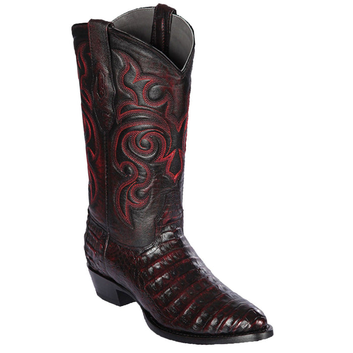 Men's Genuine Caiman Belly Round Toe Boots Black Cherry Color - Los Altos Boots
