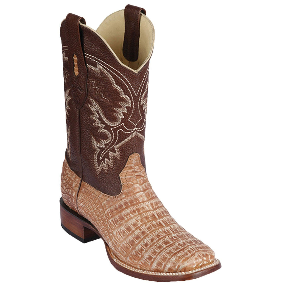 Men's genuine Caiman Hornback Skin Rodeo Wide Square Toe Boots Brown Color