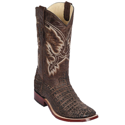 Men's Genuine Caiman Belly Skin Rodeo Wide Square Toe Boots Sanded Brown