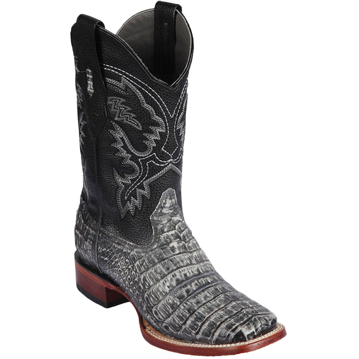 Men's Genuine Caiman Belly Skin Rodeo Wide Square Toe Boots Sahara Rustic Black
