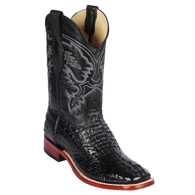 Western Genuine Caiman Hornback Skin Rodeo Wide Square Toe Boots Black Color - Los Altos Boots - Side View