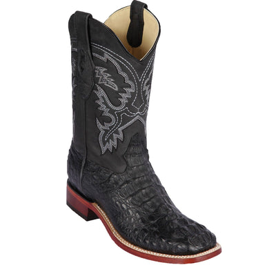 Men's genuine Caiman Hornback Skin Rodeo Wide Square Toe Boots Greasy Black Color
