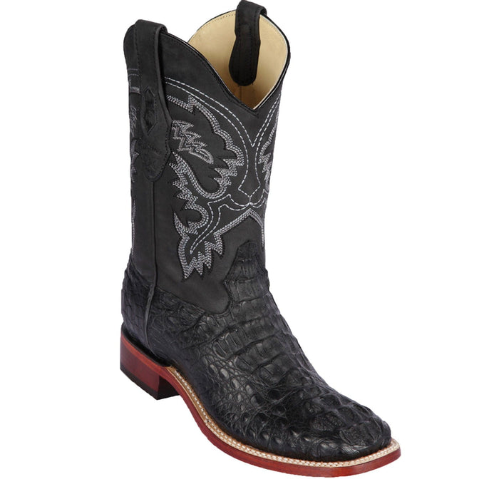 Men's genuine Caiman Hornback Skin Rodeo Wide Square Toe Boots Greasy Black Color