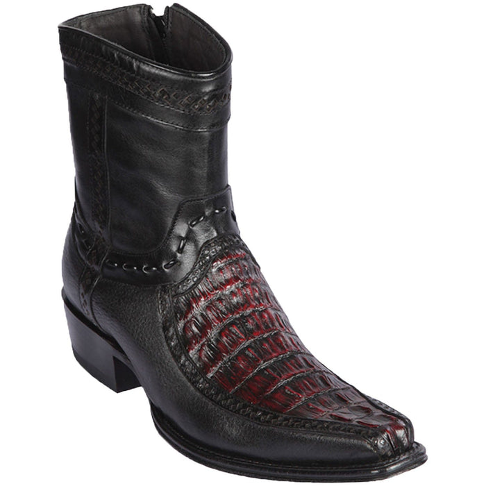 Men's Genuine Caiman Tail and Deer Skin European Square Toe Short Boots With Zipper Black Cherry Color - Los Altos Boots