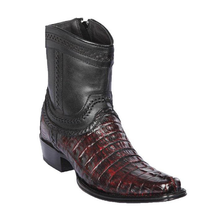 Men's Genuine Caiman Tail Skin European Square Toe Short Boots With Zipper - Los Altos Boots - Black Cherry