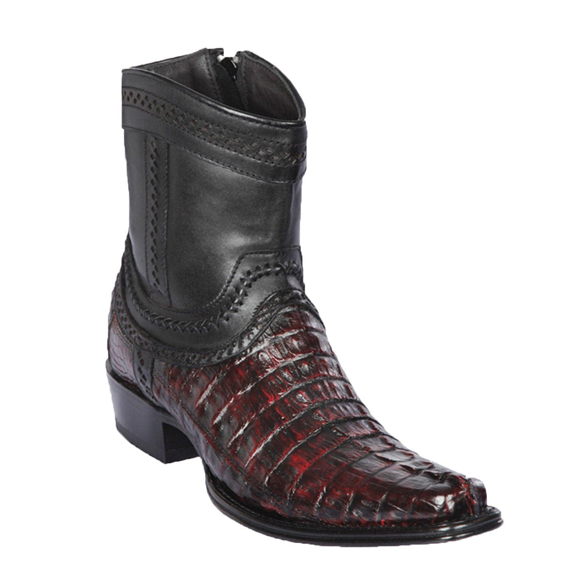 Men's Genuine Caiman Tail Skin European Square Toe Short Boots With Zipper Black Cherry Color - Los Altos Boots - Black Cherry - Size 13