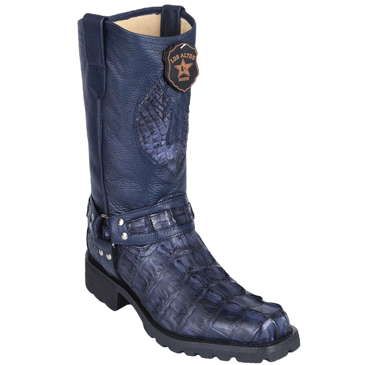 Western Genuine Caiman Tail Skin Biker Boots Navy Blue Color - Los Altos Boots - Side View