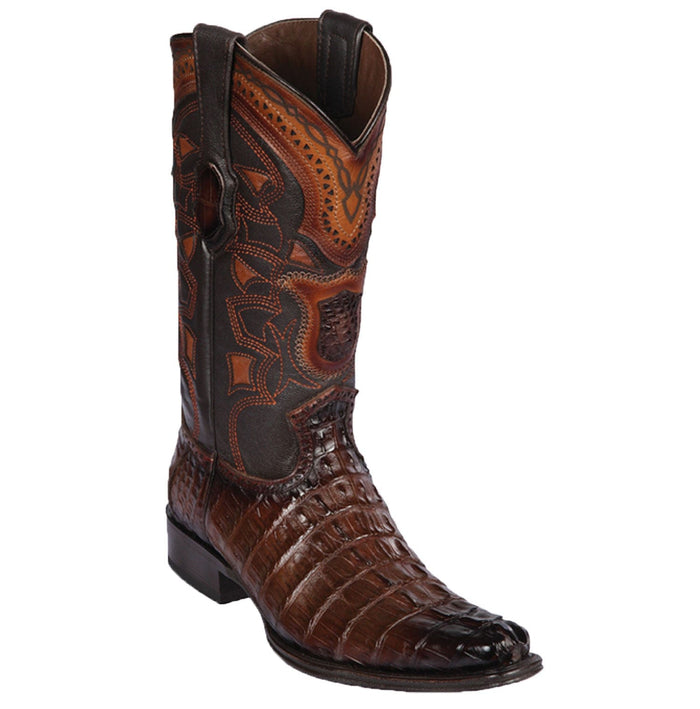 Men's Genuine Caiman Tail Skin European Square Toe Boots - Los Altos Boots - Faded Brown