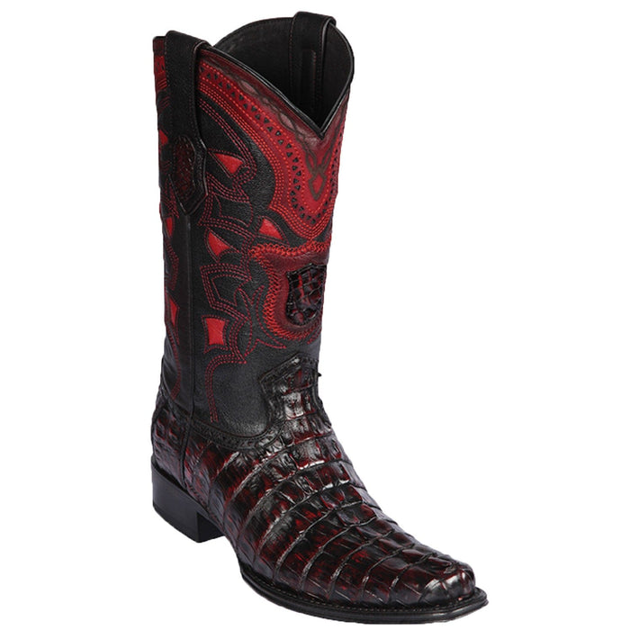 Men's Genuine Caiman Tail Skin European Square Toe Boots - Los Altos Boots - Black Cherry