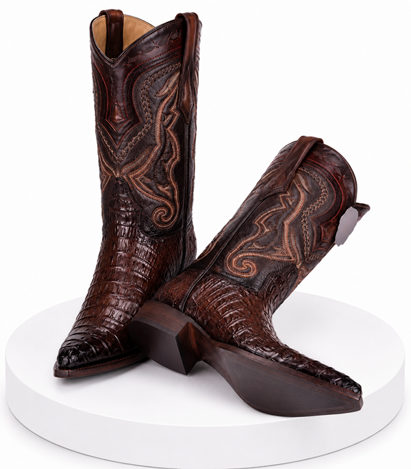 Los Altos Boots Caiman Tail Faded Brown Pointed Toe Cowboy Boots