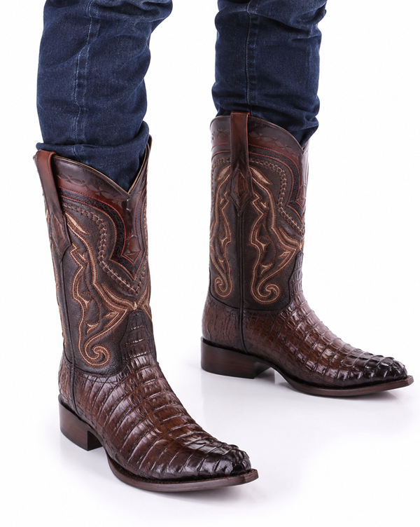 Los Altos Boots Caiman Tail Faded Brown Pointed Toe Cowboy Boots