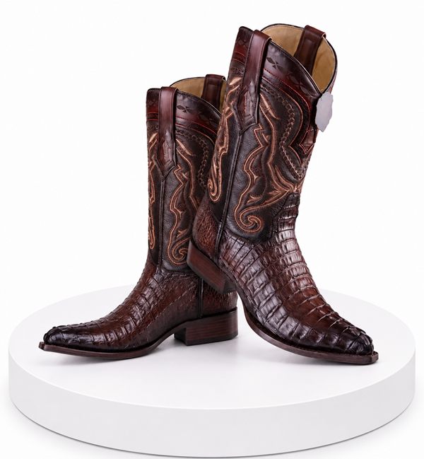 Los Altos Boots Caiman Tail Faded Brown Pointed Toe Cowboy Boots