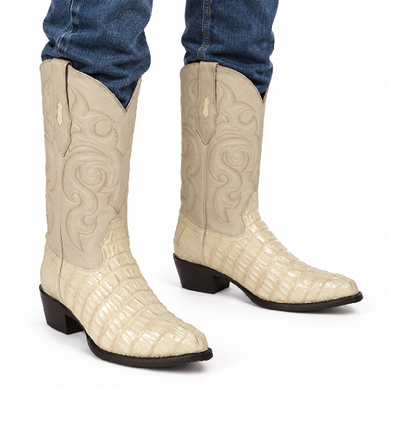 Los Altos Men White Genuine Crocodile Caiman Tail Cowboy J-Toe Boot