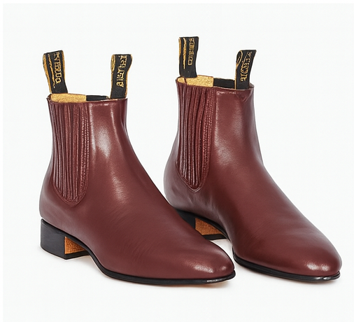 Los Altos Boots Men's Genuine Deer Chelsea Charro Leather Sole Short Boot ~ botines para hombre Burgundy ~ Wine ~ Maroon Color