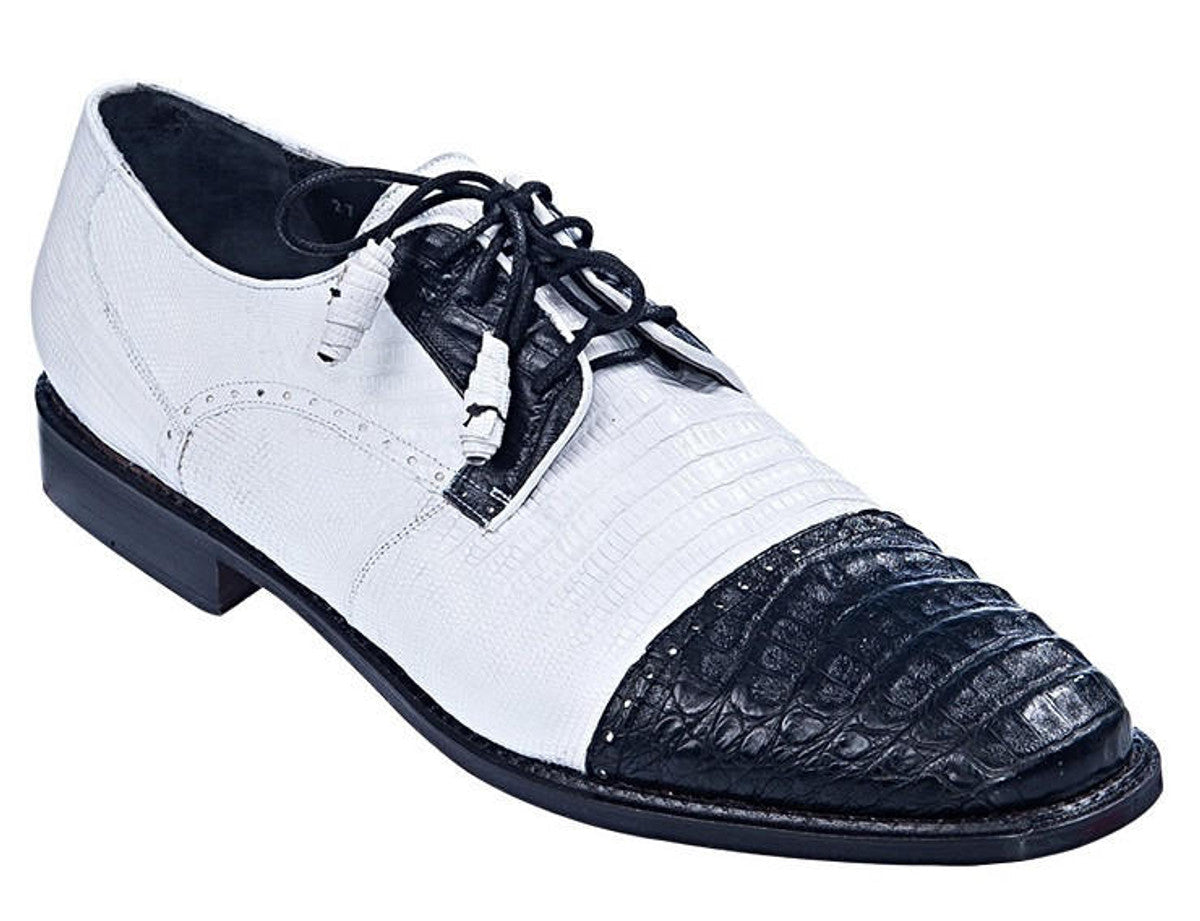 Men's Black White Crocodile Cap Toe Shoes