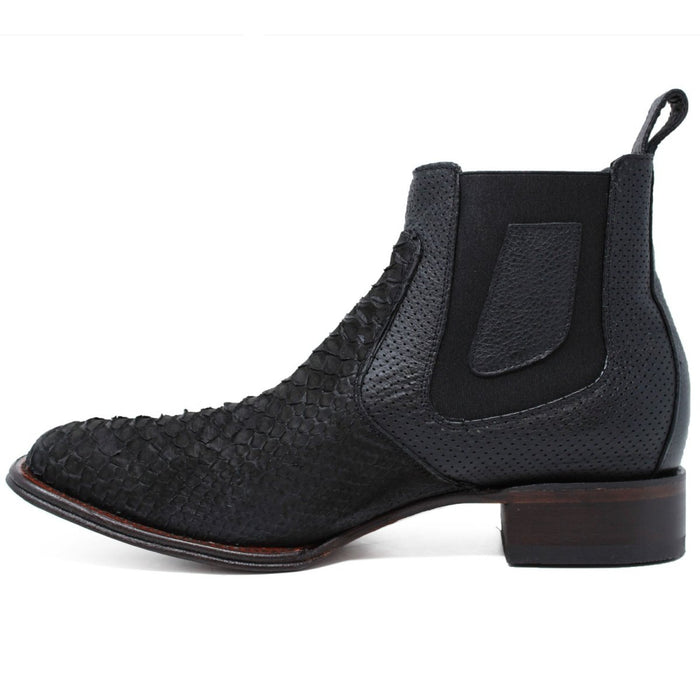 Python Skin Square Toe Ankle Boots - Black