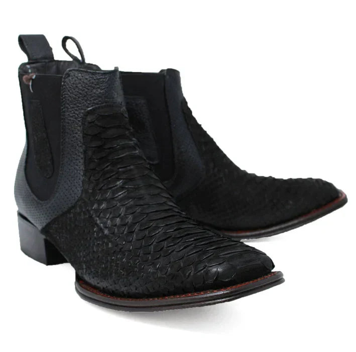 Python Skin Square Toe Ankle Boots - Black