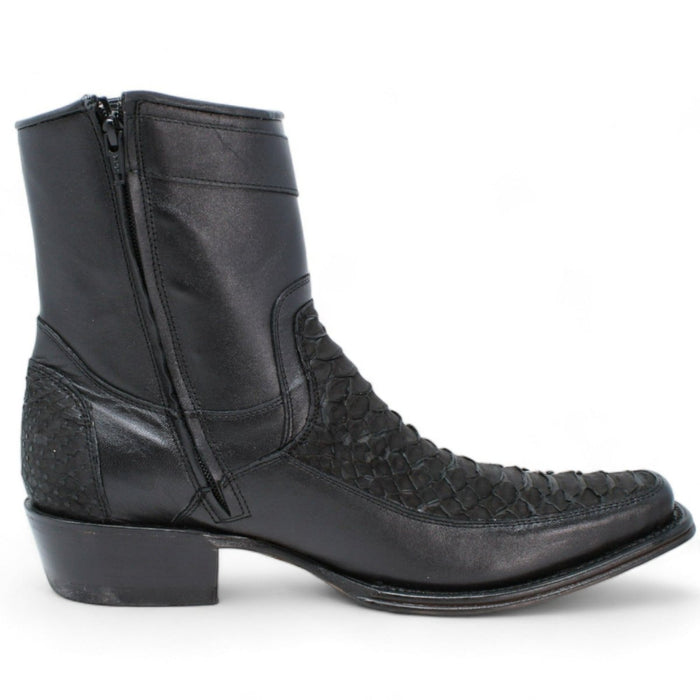 Python Skin European Toe Short Boots - Black
