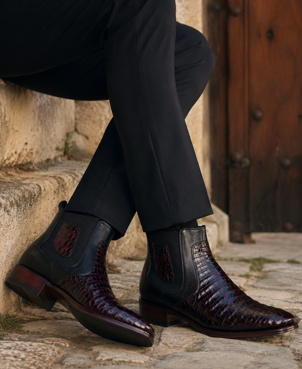 Los Altos Caiman Belly Short Boots - Black Cherry