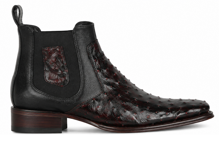 Wide Square Toe Ostrich Short Boots - Black Cherry