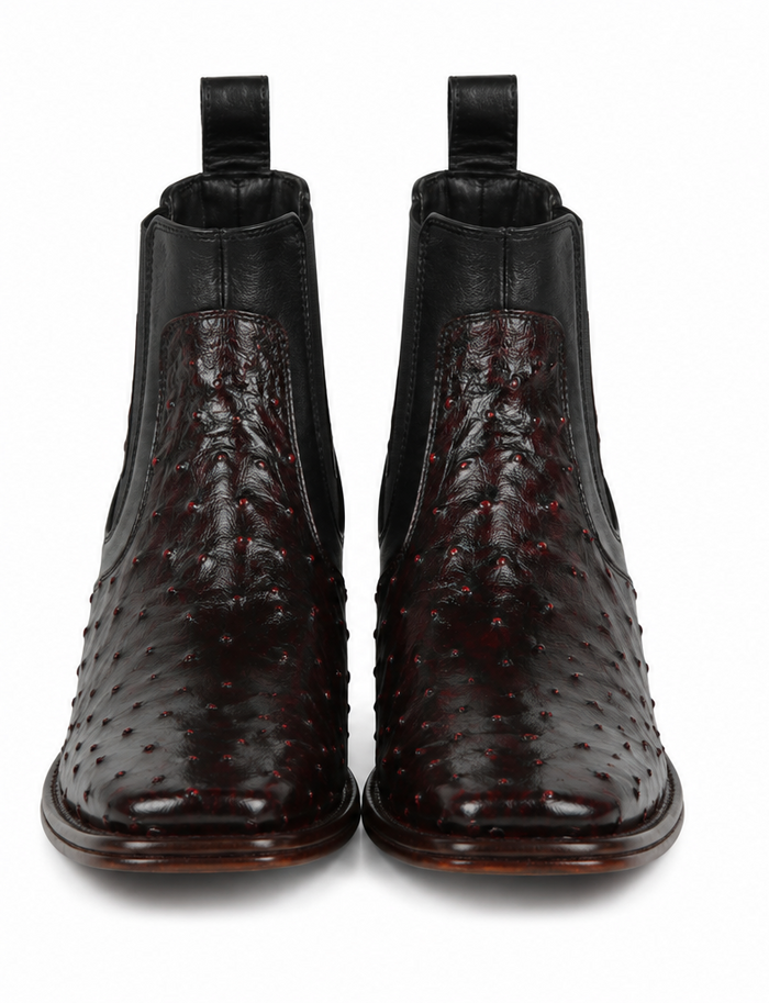 Wide Square Toe Ostrich Short Boots - Black Cherry