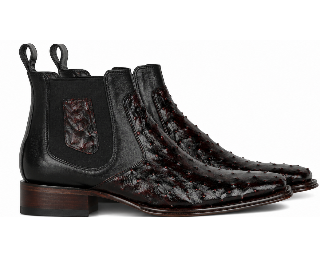 Wide Square Toe Ostrich Short Boots - Black Cherry