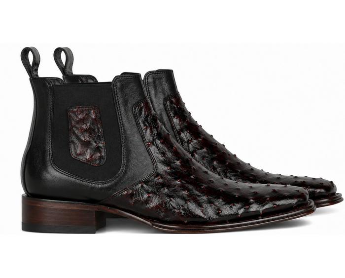 Wide Square Toe Ostrich Short Boots - Black Cherry