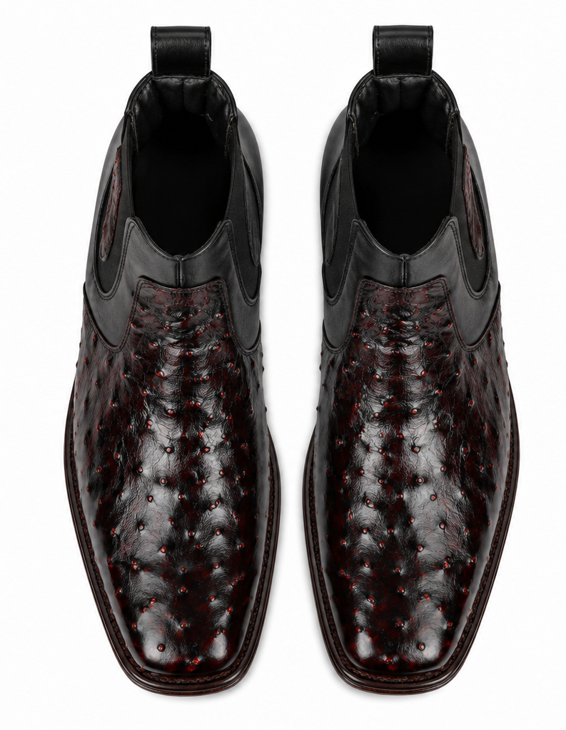 Wide Square Toe Ostrich Short Boots - Black Cherry