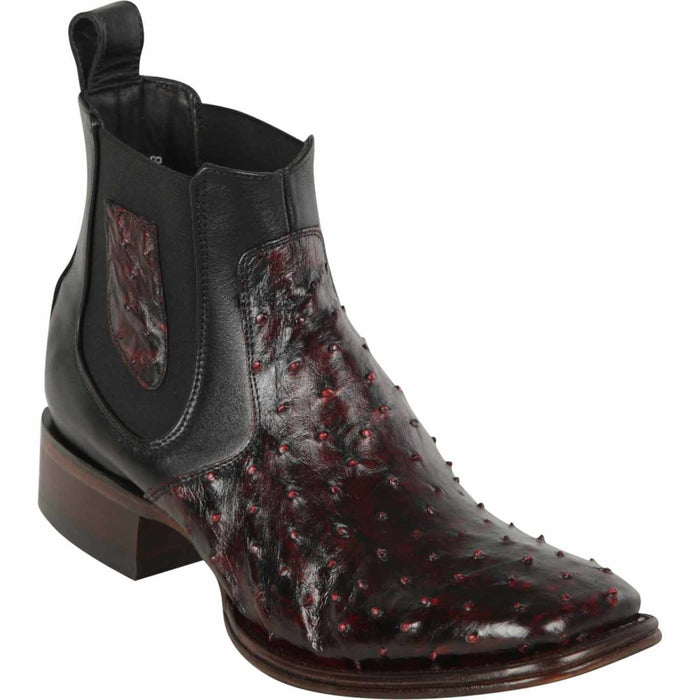 Wide Square Toe Ostrich Short Boots - Black Cherry