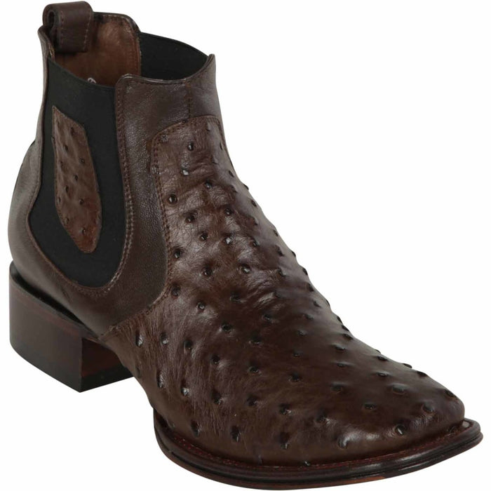 Men's Wide Square Toe Ostrich Boots Brown