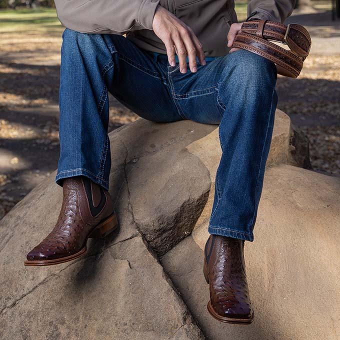 Men's Wide Square Toe Ostrich Boots Brown